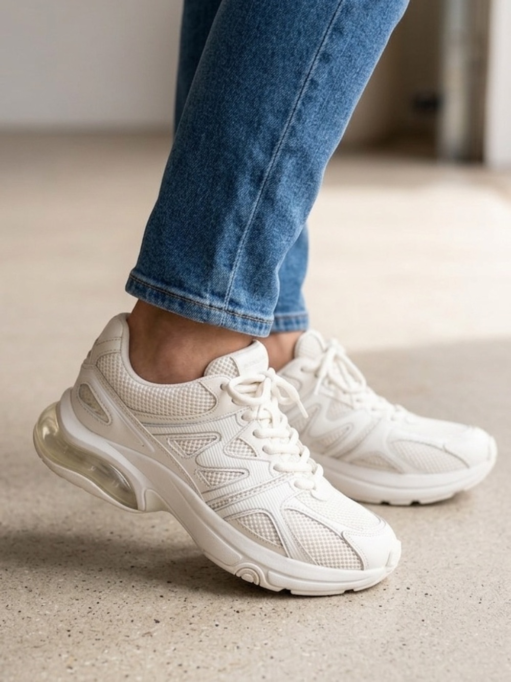 Tory Burch Cream & White Platform Mesh Suede Sneakers